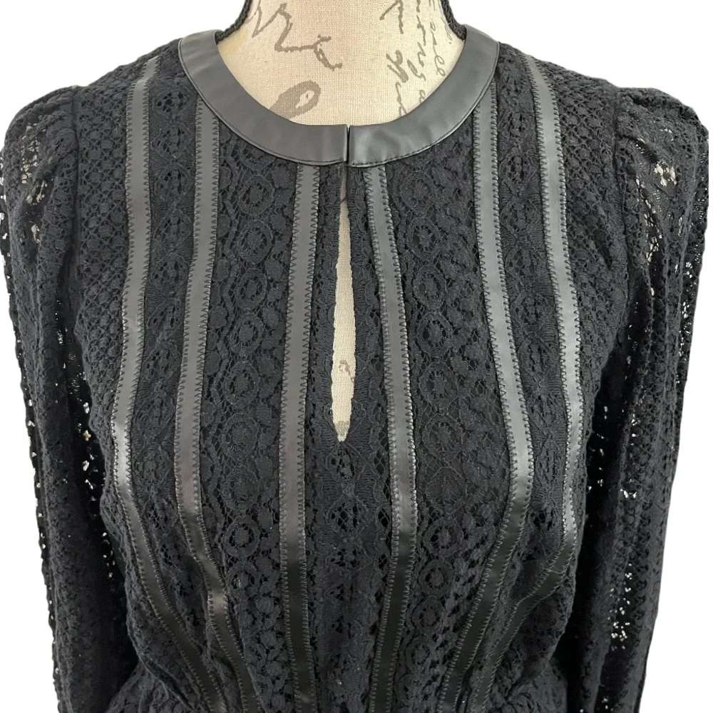 NWT Express Elegant Black Lace Peplum Faux Leather Trim Long Sleeve Top Black S